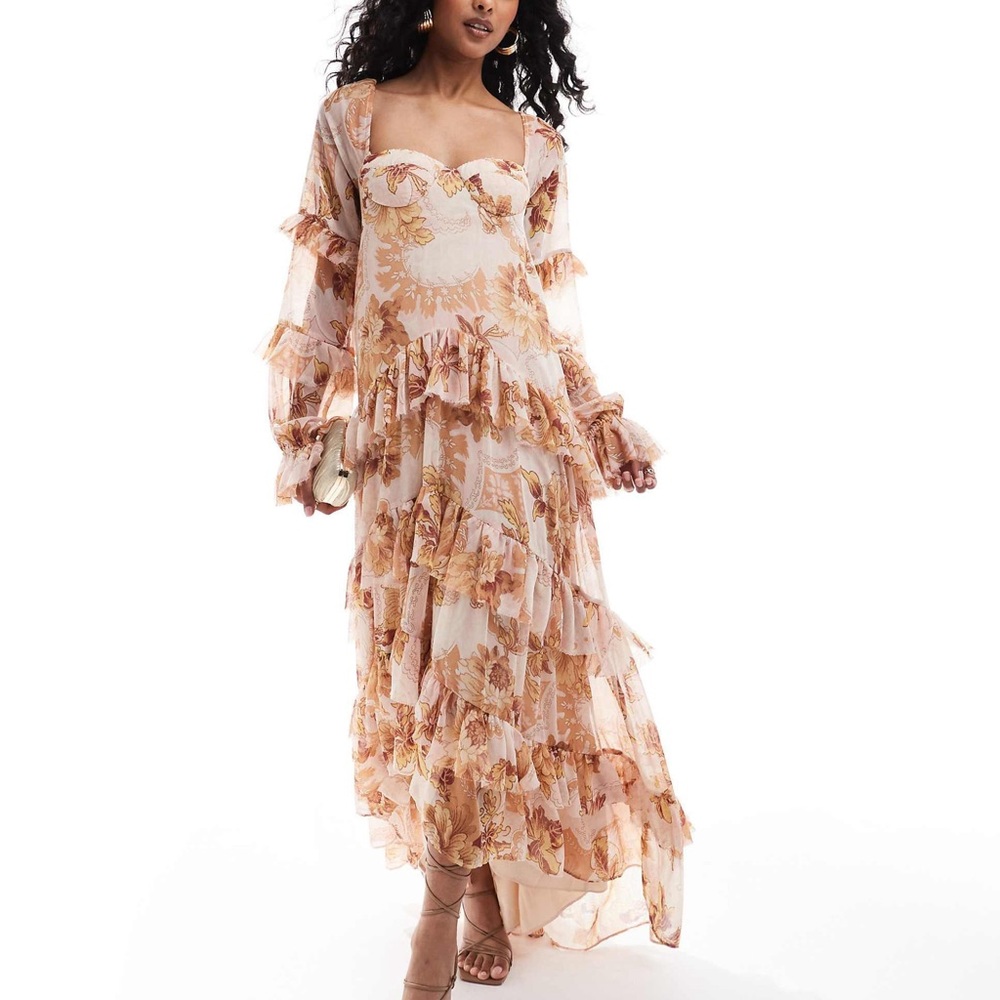 ASOS Design corset detailed tiered maxi dress w/ high low hem in brown floral